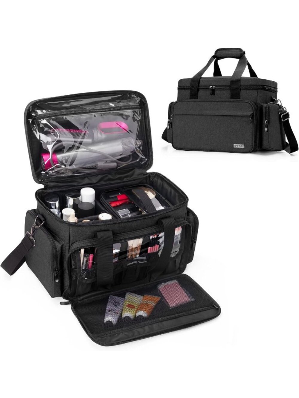 Stylish Black Makeup Bag with 2 Removable Pouches & Detachable Dividers
